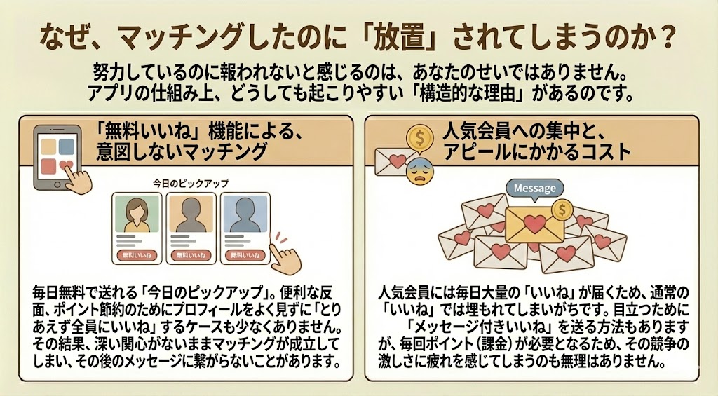 ペアーズでマッチングしたのにメッセージが来ない・放置される理由の図解。「今日のピックアップ」機能による機械的な無料いいねが生むミスマッチと、人気会員への競争激化により課金が必要になる構造的な背景を解説。（AI生成イメージ）