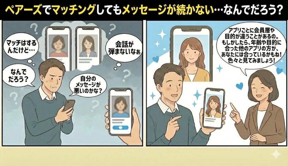 ペアーズでマッチングしてもメッセージが続かない原因と対策のイラスト（AI生成イメージ）