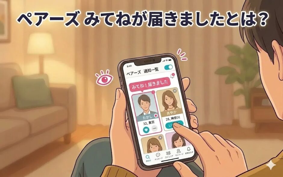 ペアーズの「みてね！」通知やブロックについて悩んでいる男性のイラスト（AI生成イメージ）