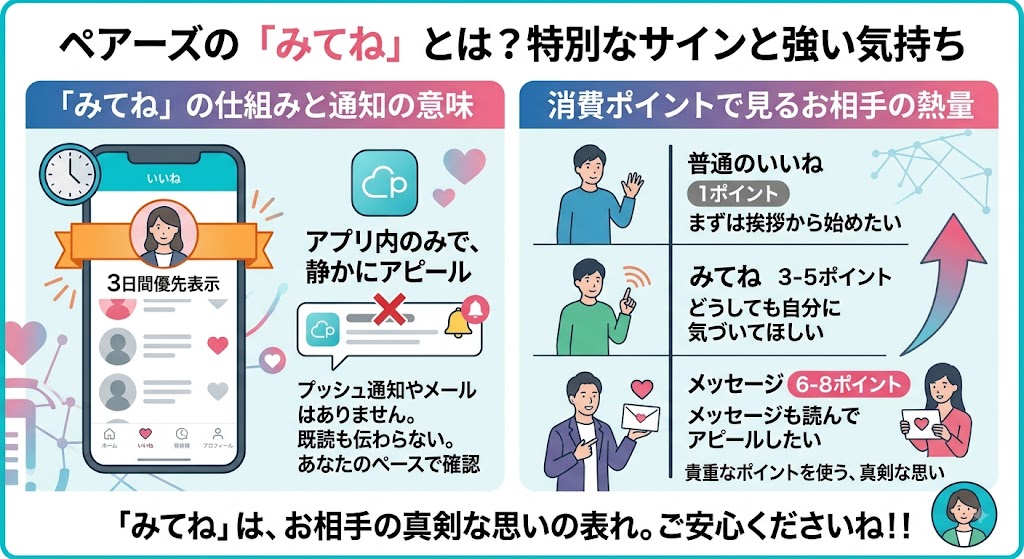 ペアーズ「みてね」の仕組みと消費ポイントを説明した図解（AI生成イメージ）