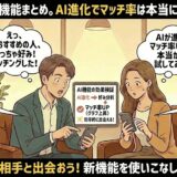 ペアーズの新機能とAIによるマッチング率向上を解説したマンガ風アイキャッチ。AIが提案する理想の相手に驚く男性と、新機能の効果に期待する女性が描かれています。（AI生成イメージ）