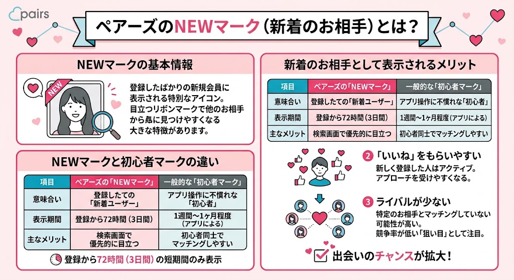 「ペアーズのNEWマーク（新着のお相手）について解説するインフォグラフィック（AI生成イメージ）