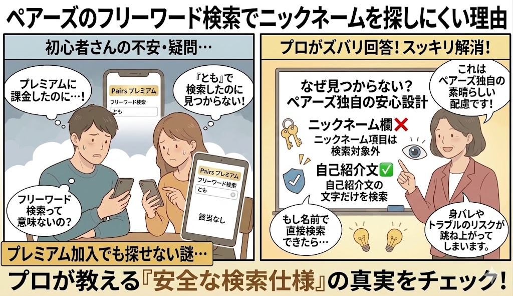 ペアーズのフリーワード検索でニックネームを探しにくいシステム仕様（ニックネーム対象外、自己紹介文のみ検索）をプロが解説する2コマ漫画風イラスト（AI生成イメージ）