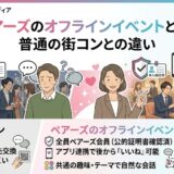 普通の街コンとペアーズのオフラインイベントの違いを比較したイラスト（AI生成イメージ）