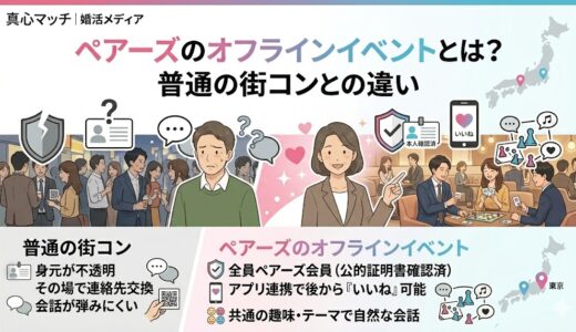 普通の街コンとペアーズのオフラインイベントの違いを比較したイラスト（AI生成イメージ）
