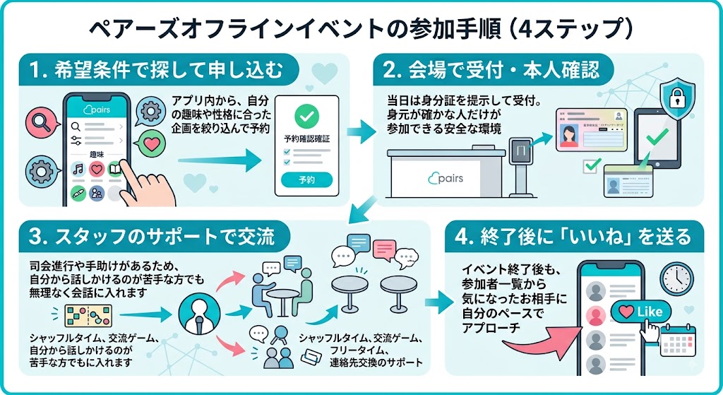 ペアーズオフラインイベント参加手順（AI生成イメージ）