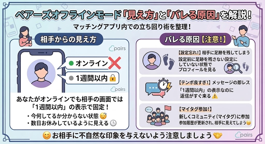 ペアーズ（Pairs）オフラインモード中の相手からの見え方（1週間以内に固定）と、設定がバレる3つの原因（足跡・即レス・マイタグ）を解説した図解（AI生成イメージ）