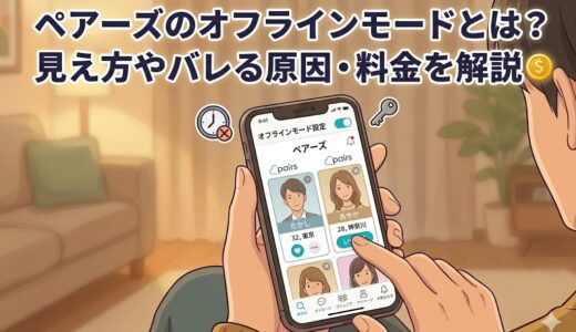 ペアーズのオフラインモードとは？見え方やバレる原因・料金を解説のための、男性がスマートフォンを操作するイラストのアイキャッチ画像（AI生成イメージ）
