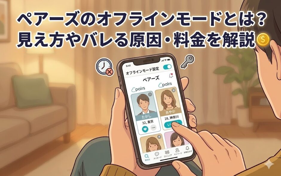 ペアーズのオフラインモードとは？見え方やバレる原因・料金を解説のための、男性がスマートフォンを操作するイラストのアイキャッチ画像（AI生成イメージ）