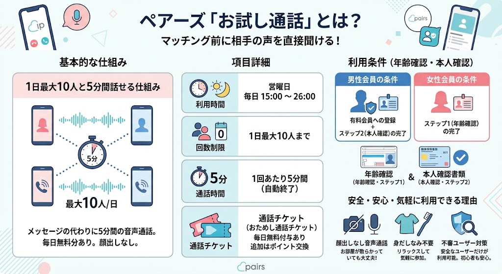 ペアーズ(Pairs)の「お試し通話」機能を説明するインフォグラフィック(AI生成イメージ)