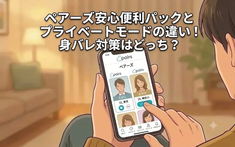 ペアーズの安心便利パックとプライベートモードの違いを比較したアイキャッチ画像（AI生成イメージ）