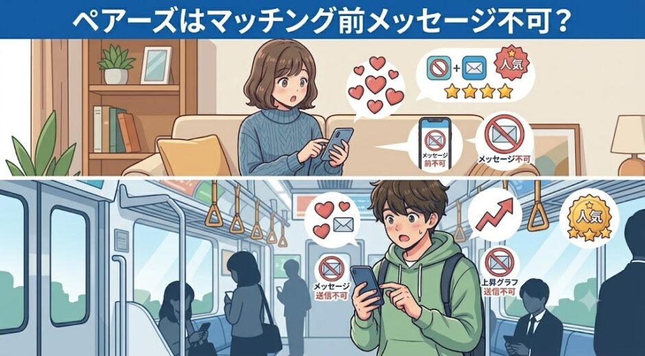 上部に『ペアーズはマッチング前メッセージ不可？』という文字が入ったアイキャッチ用2コマイラスト。上段はリビングでスマホを見る女性が、注意マーク付きメッセージアイコンと『メッセージ不可』の文字を見てショックを受け、下段は電車の男性もメッセージ注意アイコンと『メッセージ不可』『上昇グラフ送信不可』の文字を見て焦っている（AI生成イメージ）