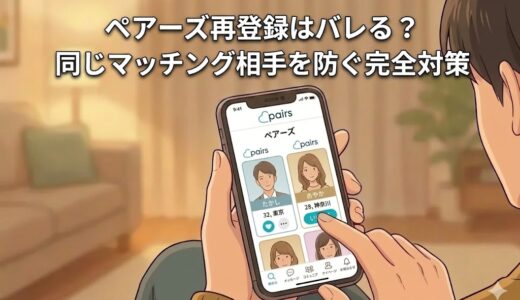 「ペアーズ再登録はバレる？同じマッチング相手を防ぐ完全対策」という文字と、スマホでペアーズ（Pairs）の画面を見ている男性のイラスト（AI生成イメージ）