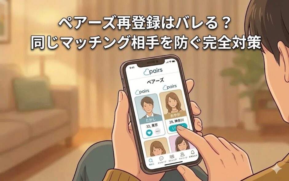 「ペアーズ再登録はバレる？同じマッチング相手を防ぐ完全対策」という文字と、スマホでペアーズ（Pairs）の画面を見ている男性のイラスト（AI生成イメージ）