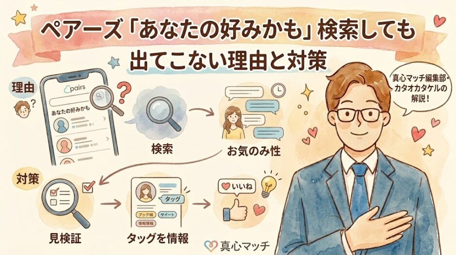 ペアーズの「あなたの好みかも」が検索しても出てこない理由と対策を解説する、手描き風の水彩画イラストのアイキャッチ画像（AI生成イメージ）