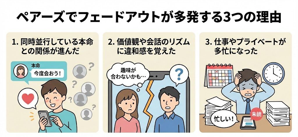 ペアーズでフェードアウトが多発する3つの理由(1.本命との進展、2.価値観やリズムの違和感、3.仕事やプライベートの多忙)を分かりやすく解説した3コマのイラスト