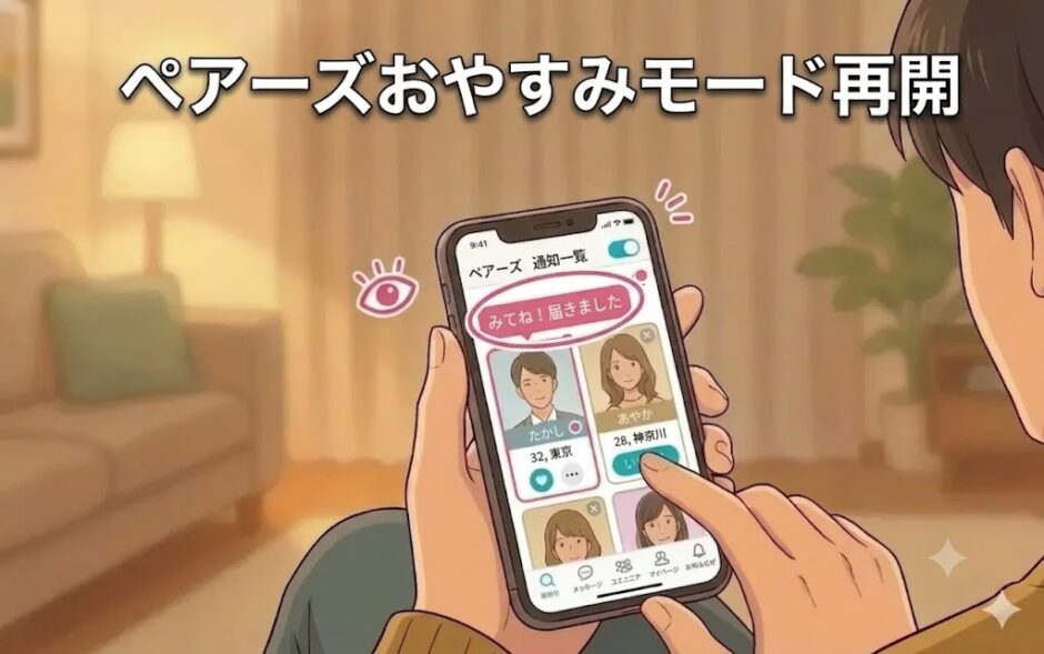 スマートフォンでPairs（ペアーズ）アプリを操作する人のイラスト（AI生成イメージ）