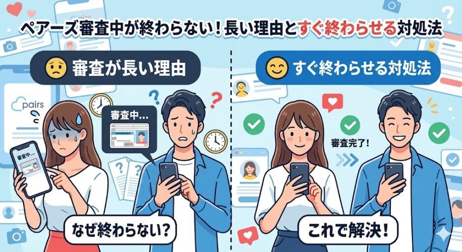 ペアーズの審査が長くて困っている男女と、審査が完了して解決した男女を対比させたイラスト（AI生成イメージ）
