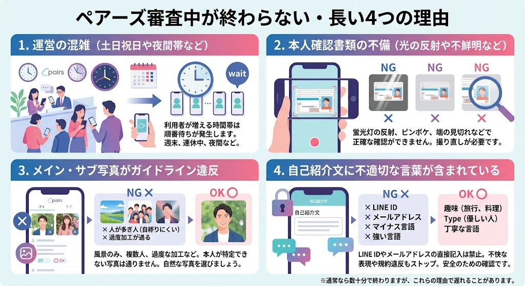 ペアーズ審査中が終わらない・長い4つの理由を解説するインフォグラフィック。運営の混雑、本人確認書類の不備、写真のガイドライン違反、自己紹介文の不適切な言葉について。（AI生成イメージ）