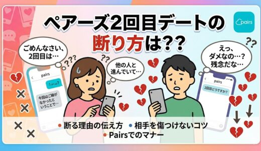 「ペアーズ2回目デートの断り方は？？」というタイトルの記事アイキャッチ。スマホのメッセージ画面を前に、申し訳なさそうに断る女性と、がっかりする男性のイラスト（AI生成イメージ）