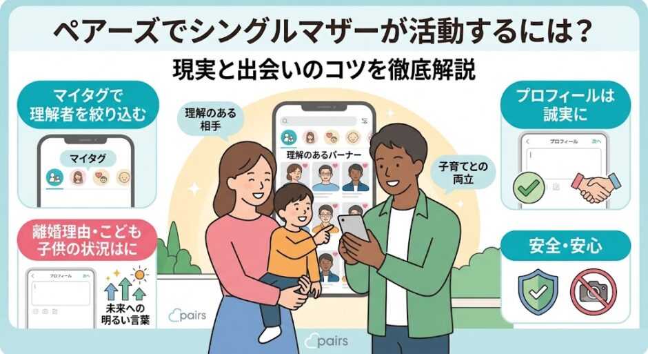 ペアーズ（Pairs）でシングルマザーが活動するための現実とコツを徹底解説するアイキャッチ画像（AI生成イメージ）