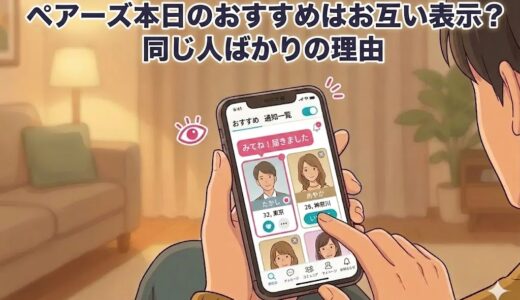 「ペアーズ本日のおすすめはお互い表示？同じ人ばかりの理由」というタイトルと、部屋でリラックスしながらスマートフォンでペアーズの画面を見ている人のイラスト（AI生成イメージ）