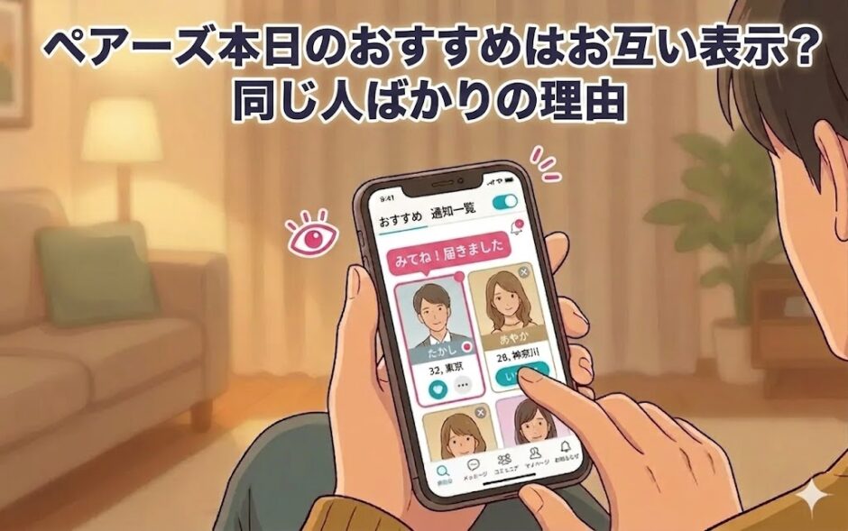 「ペアーズ本日のおすすめはお互い表示？同じ人ばかりの理由」というタイトルと、部屋でリラックスしながらスマートフォンでペアーズの画面を見ている人のイラスト（AI生成イメージ）