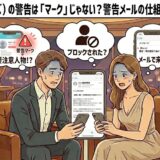 「Pairs（ペアーズ）の警告は「マーク」じゃない？警告メールの仕組みと影響を解説」というタイトルと共に、運営からの警告メールを受信し、プロフィールへの「警告マーク」表示や「ブロック」の可能性に青ざめている男女のイラスト【Pairs規約違反トラブル解説】（AI生成イメージ）