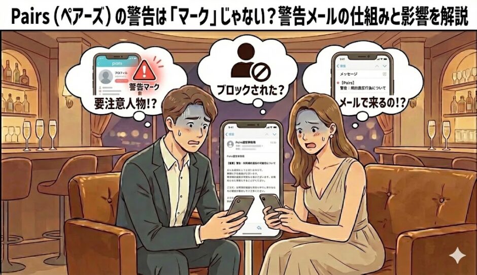 「Pairs（ペアーズ）の警告は「マーク」じゃない？警告メールの仕組みと影響を解説」というタイトルと共に、運営からの警告メールを受信し、プロフィールへの「警告マーク」表示や「ブロック」の可能性に青ざめている男女のイラスト【Pairs規約違反トラブル解説】（AI生成イメージ）