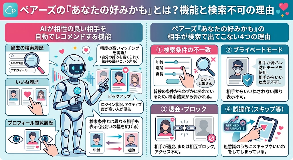 ペアーズ「あなたの好みかも」AI機能と検索できない理由の解説図（AI生成イメージ）