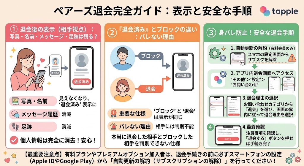 ペアーズ退会ガイド。退会後の表示(写真、メッセージ消去)、ブロックとの違い、安全な退会手順(自動更新解約含む)を解説(AI生成イメージ)