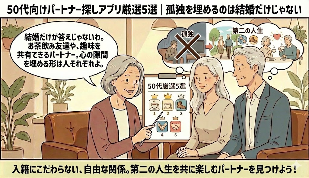 「50代向けパートナー探しアプリ厳選5選」という見出しと共に、孤独な老後ではなく、お茶飲み友達や趣味を共有する『第二の人生のパートナー』を見つける未来をイメージし、相談員が50代男女へアプリを紹介しているイラスト【中高年・シニアのパートナー探し】