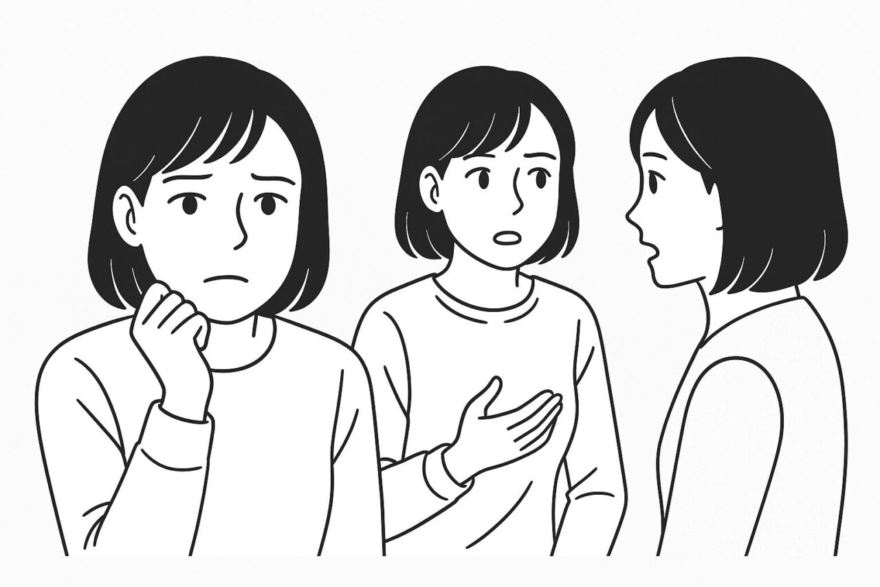 婚活パーティーに来る男性の本気度について悩む40代女性が、不安そうな表情で考えたり、誰かに相談したりしている線画の2コマイラスト
