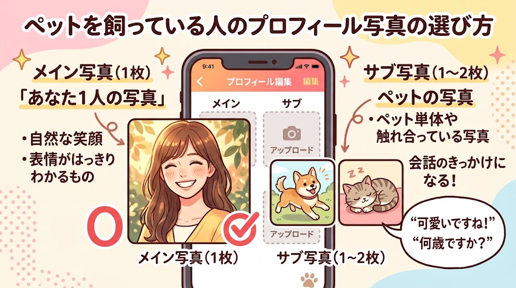 マッチングアプリでペットを飼っている人のプロフィール写真の選び方。メイン写真は自然な笑顔の1人写真、サブ写真にペットの写真を1〜2枚設定するコツを解説した図解イラスト（AI生成イメージ）