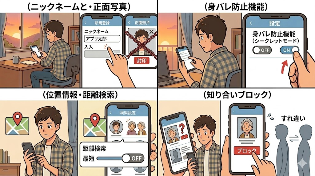 田舎でのマッチングアプリ身バレ防止対策を解説する4コマ漫画イラスト（AI生成イメージ）