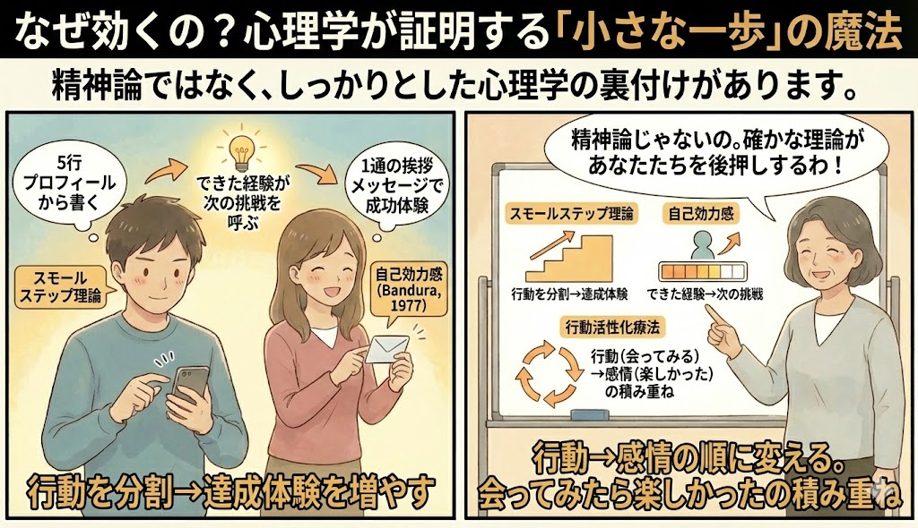 心理学に基づいた「小さな一歩（マイクロ・ブレイバリー）」の効果を解説する図解。スモールステップ理論、自己効力感、行動活性化療法の3つの理論を、イラストとボードを使って分かりやすく紹介しています。（AI生成イメージ）