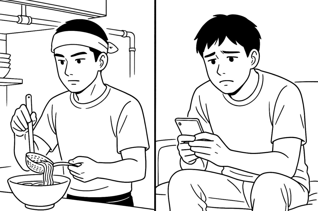 ラーメン屋で真剣に働く20代男性と、夜ひとり寂しそうにスマホを見る姿を描いた2コマの白黒線画イラスト