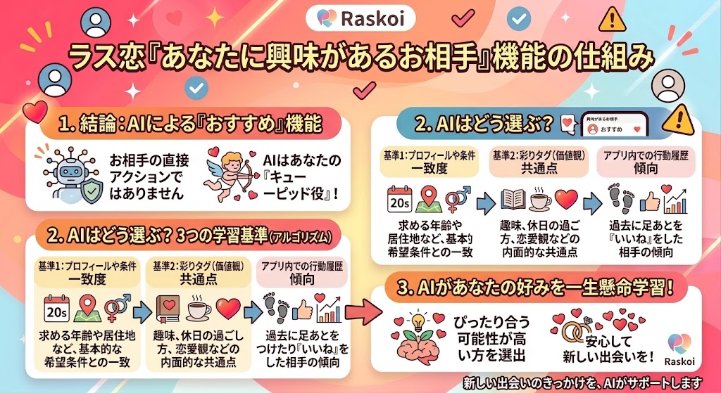 ラス恋（Raskoi）の「あなたに興味があるお相手」機能の仕組みを解説したインフォグラフィック（AI生成イメージ）