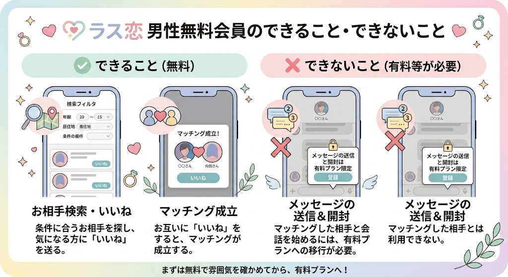 ラス恋(Raskoi)の男性無料会員ができることとできないことを解説したインフォグラフィック(AI生成イメージ)