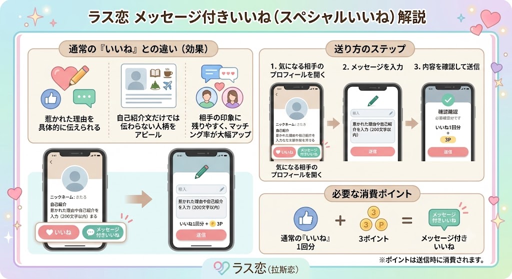 ラス恋（Raskoi）の「メッセージ付きいいね（スペシャルいいね）」の効果と送り方を解説したインフォグラフィック（AI生成イメージ）