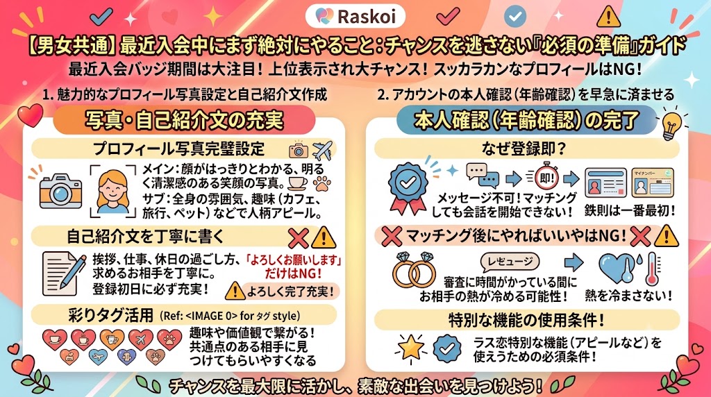 Raskoi(ラス恋)アプリ「最近入会中」の必須準備ガイド。プロフィール写真・自己紹介文の充実と本人確認の完了を促すベクトルインフォグラフィック。(AI生成イメージ)