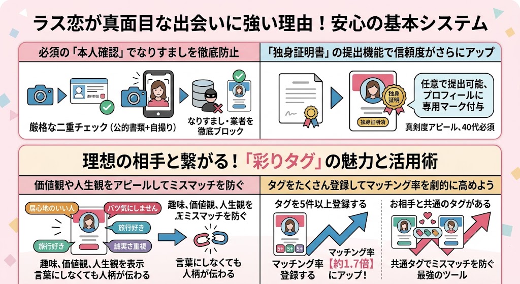 インフォグラフィック：ラス恋の安全システムとタグ活用。公的ID・自撮りでの本人確認と独身証明書機能。「彩りタグ」での価値観マッチと、登録数・共通タグによるマッチング率向上データ。（AI生成イメージ）