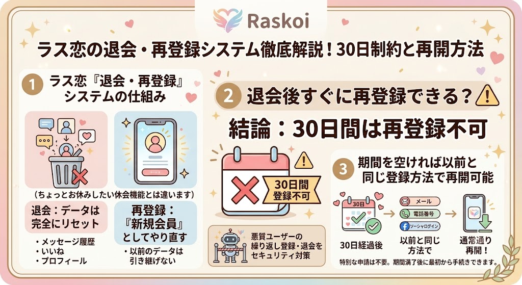 マッチングアプリ「Raskoi（ラス恋）」の退会と再登録システムに関するインフォグラフィック（AI生成イメージ）