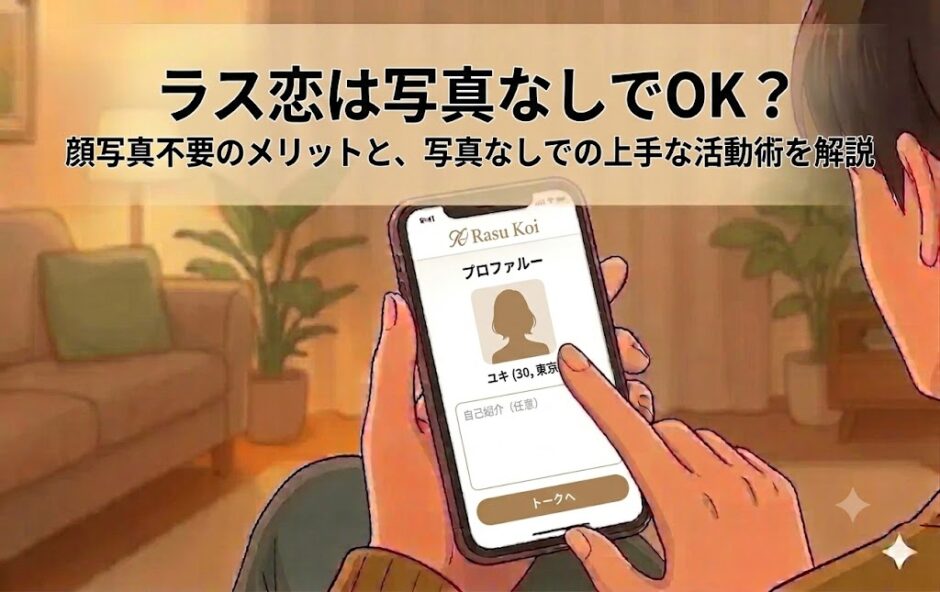 「ラス恋は写真なしでOK？」と書かれた大タイトルと、サブタイトル「顔写真不要のメリットと、写真なしでの上手な活動術を解説」が記載されたアニメ風イラスト（AI生成イメージ）