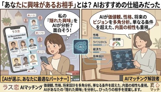 マッチングアプリ「ラス恋」の『あなたに興味があるお相手』がAIおすすめの仕組みであることを解説するアイキャッチ画像（AI生成イメージ）