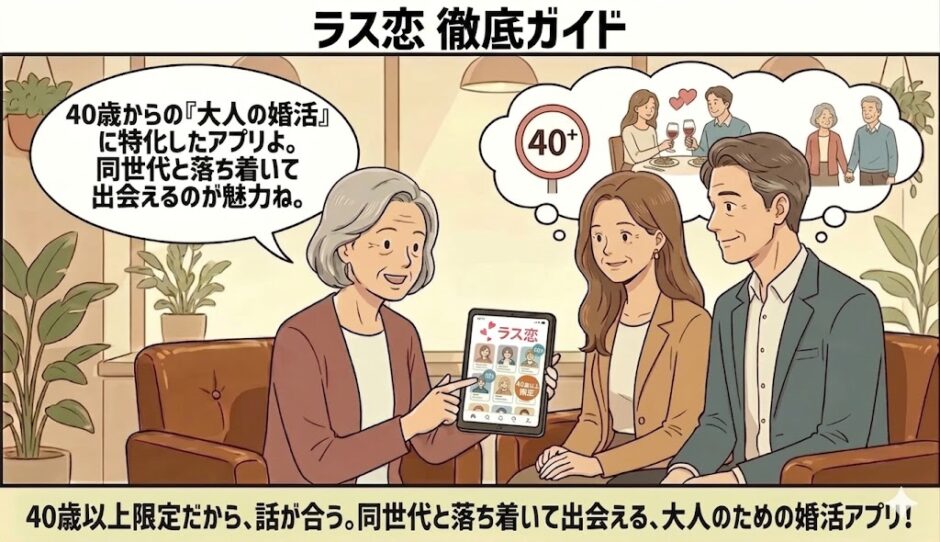 「ラス恋徹底ガイド」という見出しと共に、結婚式や温かい家庭のイメージで『将来を見据えた真剣な婚活』を強調し、相談員が男女にアプリを紹介しているイラスト（AI生成イメージ）