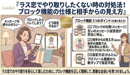 ラス恋でやり取りしたくない時のブロック機能の仕様と、相手からの見え方を解説した図解（AI生成イメージ）