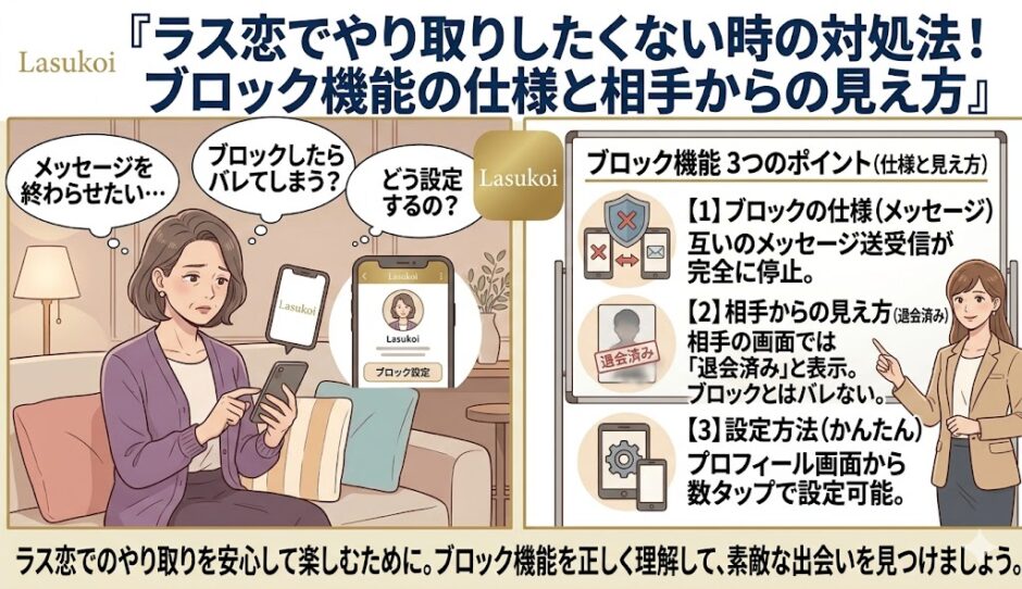 ラス恋でやり取りしたくない時のブロック機能の仕様と、相手からの見え方を解説した図解（AI生成イメージ）