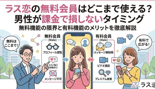 マッチングアプリ『ラス恋』の無料会員（男性）と有料会員の機能比較イラスト。男性が課金で損しないベストなタイミングと、無料機能の限界・有料機能のメリットをわかりやすく解説（AI生成イメージ）