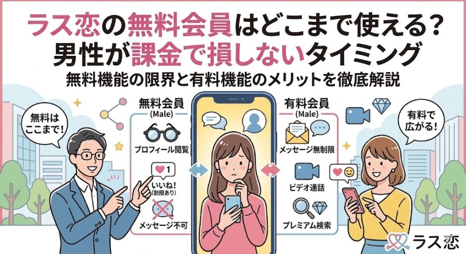 マッチングアプリ『ラス恋』の無料会員（男性）と有料会員の機能比較イラスト。男性が課金で損しないベストなタイミングと、無料機能の限界・有料機能のメリットをわかりやすく解説（AI生成イメージ）